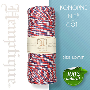 Konopná nit HEMP CORD síla nitě 1,0mm. METRÁŽ Barva č.81 Červeno-Modro-Bílá