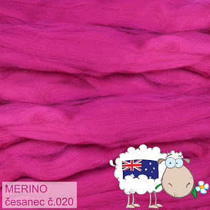 Česanec australské merino (20-21 - mikronů), vlna na plstění a předení. Barva 020 RUBÍNOVÁ. Balení 20g. 