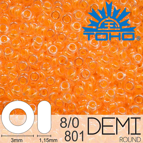 Korálky TOHO Demi Round 8/0. Barva 801 Luminous Neon Tangerine. Balení 5g