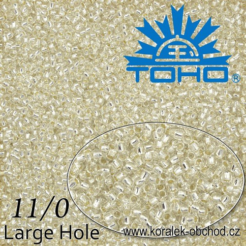 Korálky TOHO Takumi Large-Hole ROUND (kulaté). Velikost 11/0. Barva č. PF21-Permanent Finish - Silver-Lined Crystal . Balení 8g.