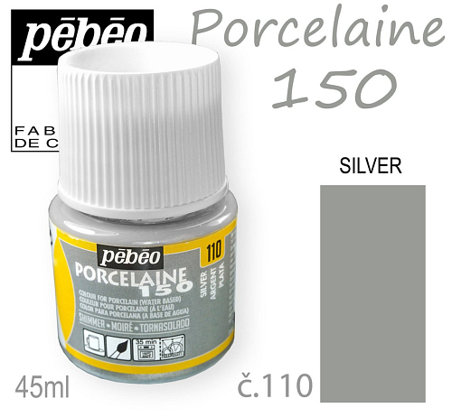 Barva na porcelán vypalovací  Pébeo Porcelaine 150. Odstín č.110 Silver. Balení 45 ml.