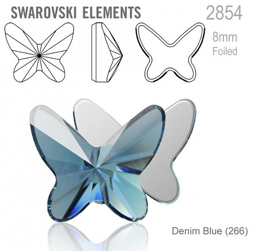 SWAROVSKI 2854 Butterfly Flat Back Foiled velikost 8mm. Barva Denim Blue (266).