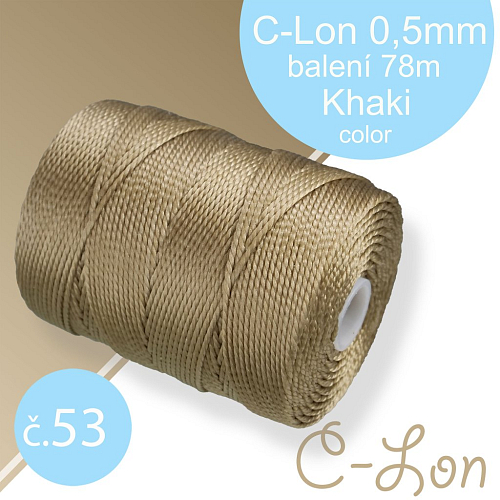 Nylonová nit C-Lon pevná korálková nit. Barva 53 Khaki. Síla nitě 0,5mm. Balení 78m na cívce.