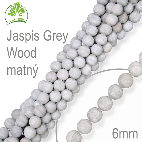 Korálky z minerálů Jaspis Grey Wood matný přírodní polodrahokam. Velikost pr.6mm. Balení 12Ks.