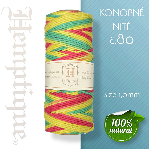 Konopná nit HEMP CORD síla nitě 1,0mm. METRÁŽ Barva č.80 Žluto-Zelená