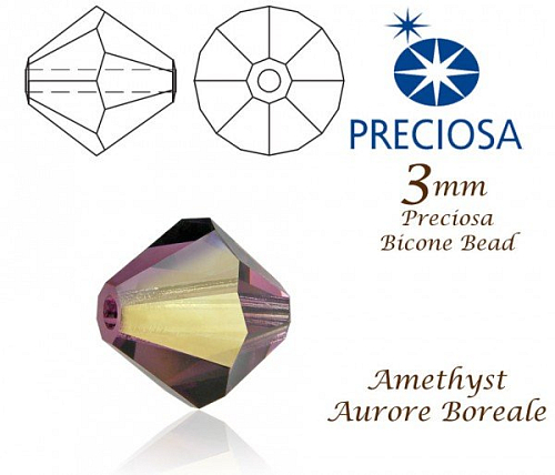 PRECIOSA Bicone (sluníčko) velikost 3mm. Barva AMETHYST Aurore Boreale. Balení 42ks .