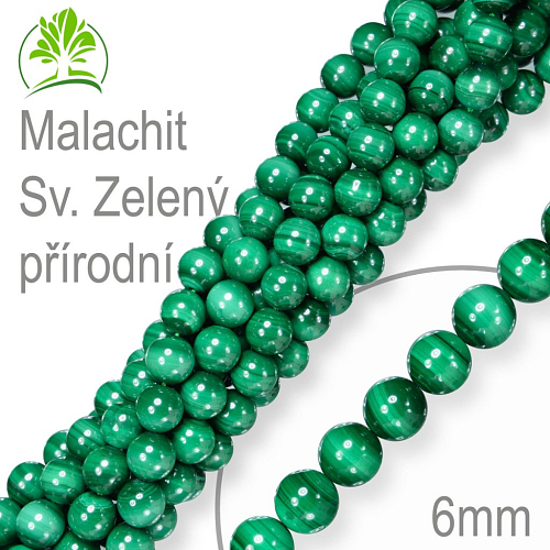 Korálky z minerálů Malachit sv. Zelený přírodní polodrahokam. Velikost pr.6mm. Balení 12Ks.