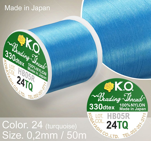 Nylonová nit značky K.O. Barva č. 24 turquoise. Materiál 330DTEX (0,2mm). Balení 50m.