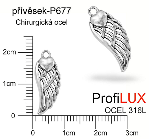 Přívěsek Chirurgická Ocel ozn-P677 KŘÍDLO se srdcem velikost 20x8,5mm. Řada přívěsků ProfiLUX