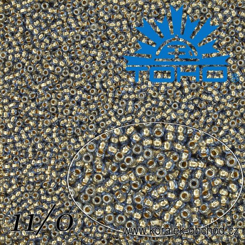 Korálky TOHO tvar ROUND (kulaté). Velikost 11/0. Barva č. 992-Gold-Lined Lt. Montana Blue . Balení 8g.