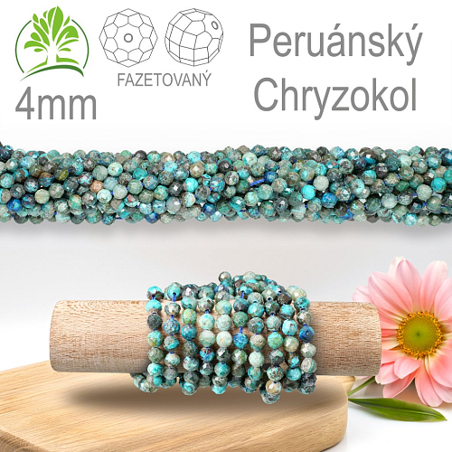 Korálky z minerálů Peruánský Chryzokol Fazetovaný přírodní polodrahokam. Velikost pr.4mm. Balení 95Ks.