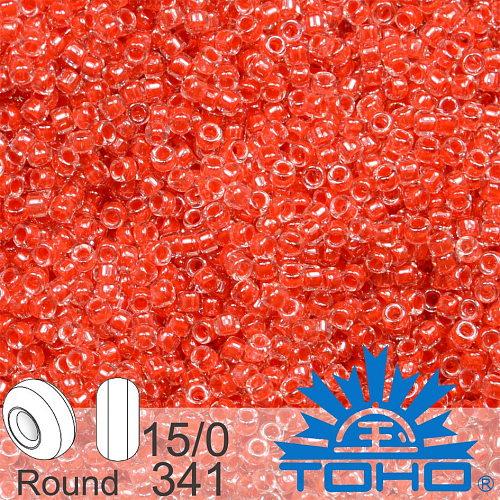 Korálky TOHO tvar ROUND (kulaté). Velikost 15/0. Barva č.341 Inside-Color Crystal/Tomato-Lined. Balení 5g.