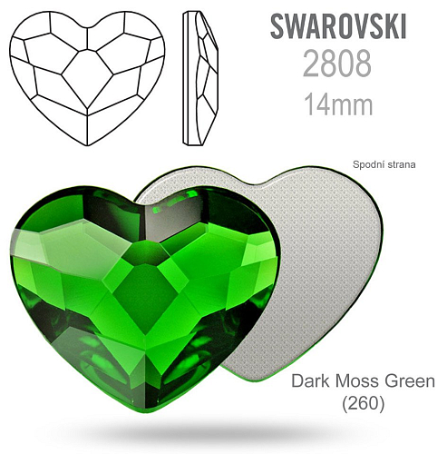 SWAROVSKI 2808 Heart Flat Back Foiled velikost 14mm. Barva Dark Moss Green 