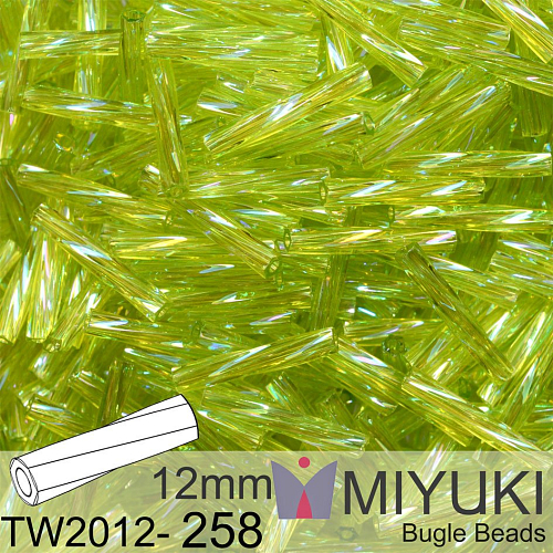 Korálky Miyuki Twisted Bugle 12mm. Barva TW2012-258 Transparent Chartreuse AB.  Balení 10g.