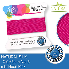 Hedvábná nit s jehlou GRIFFIN síla nitě 0,65mm No.5 délka 2m. Barva Neon Pink.