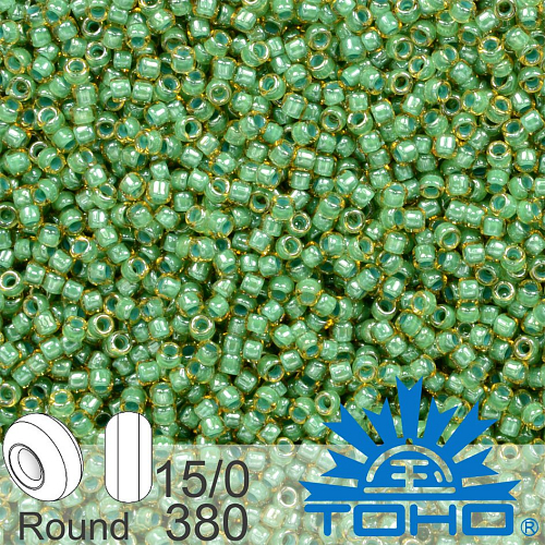 Korálky TOHO tvar ROUND (kulaté). Velikost 15/0. Barva č.380 Inside-Color Topaz/Mint Julep-Lined. Balení 5g.