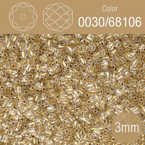 Korálky BROUŠENÉ 3mm. Barva 0030/68106 průhledná se zlatým průtahem. Balení 150Ks.