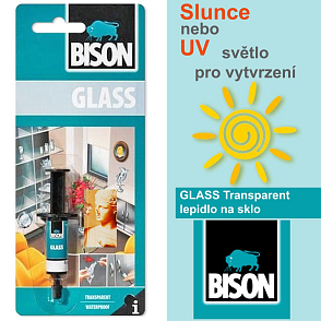 Lepidlo BISON GLASS Transparent. Vhodné k lepení SKLO+SKLO+KOV (průhledné barvy). Balení 2ml. Vytvrzení UV světlem nebo na Slunci