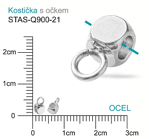 Kostička s OČKEM  mat.OCEL ozn.-STAS-Q900-21. Velikost celková 6x3mm otvor v korálku 1,8mm.