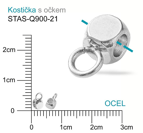 Kostička s OČKEM  mat.OCEL ozn.-STAS-Q900-21. Velikost celková 6x3mm otvor v korálku 1,8mm.