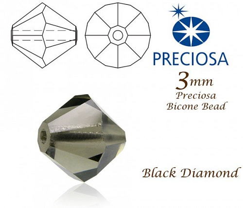 PRECIOSA Bicone (sluníčko) velikost 3mm. Barva BLACK DIAMOND . Balení 42ks 