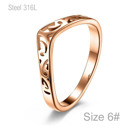Prsten z chirurgické ocele v barvě ROSE GOLD  P 238 s tvarováním do písmene V a zdobením o velikosti 6