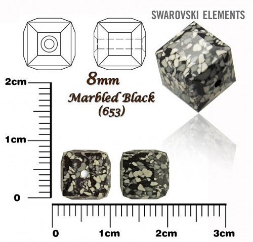 SWAROVSKI CUBE Beads 5601/B KERAMICKÉ korálky barva MARBLED BLACK velikost 8mm.