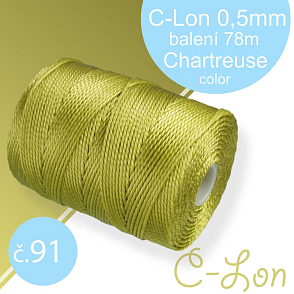 Nylonová nit C-Lon pevná korálková nit. Barva 91 Chartreuse. Síla nitě 0,5mm. Balení 78m na cívce.