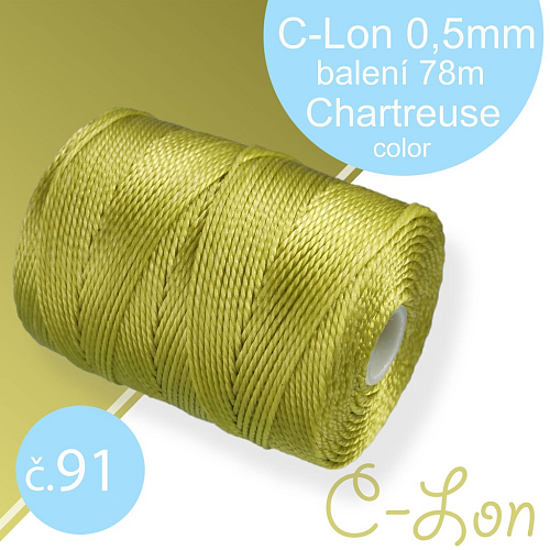 Nylonová nit C-Lon pevná korálková nit. Barva 91 Chartreuse. Síla nitě 0,5mm. Balení 78m na cívce.