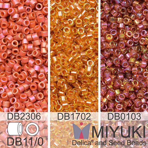 Korálky Miyuki Delica 11/0. Barevné variace č. 9  DB0103, DB2306, DB1702. Balení 3x5g
