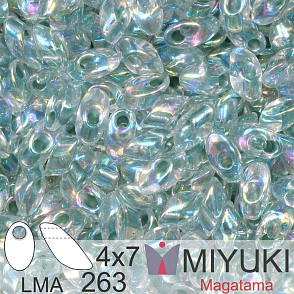 Korálky MIYUKI tvar Long MAGATAMA velikost 4x7mm. Barva LMA-263 Sea Foam Lined Crystal AB. Balení 5g.
