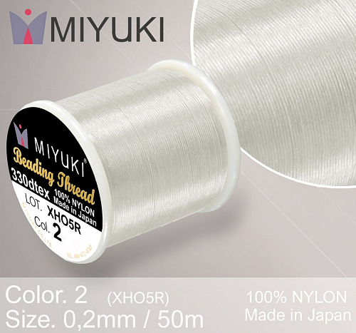 Nylonová nit značky MIYUKI. Barva č. 2 Eggshell. Materiál 330DTEX (0,2mm). Balení 50m.