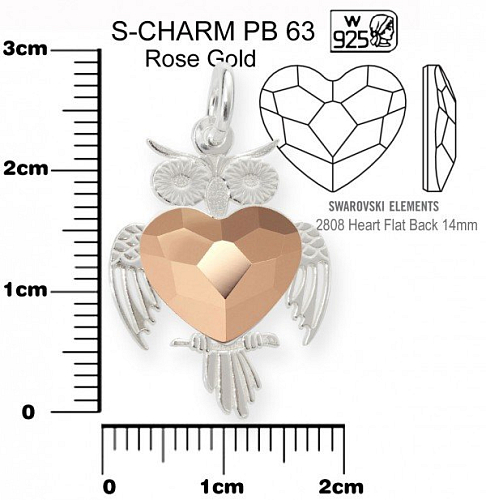 Přívěsek tvar SOVA+Swarovski 2808 14mm Crystal (001) Rose Gold (ROGL) ozn.PB 63. Materiál Ag925. Váha Ag 1,30g