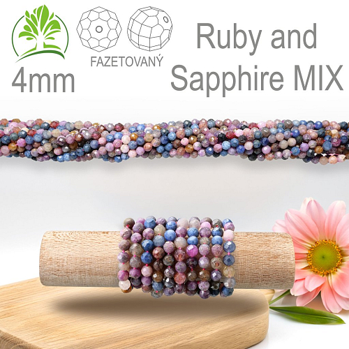 Korálky z minerálů Ruby and Sapphire MIX Fazetovaný přírodní polodrahokam. Velikost pr.4mm. Balení 95Ks.