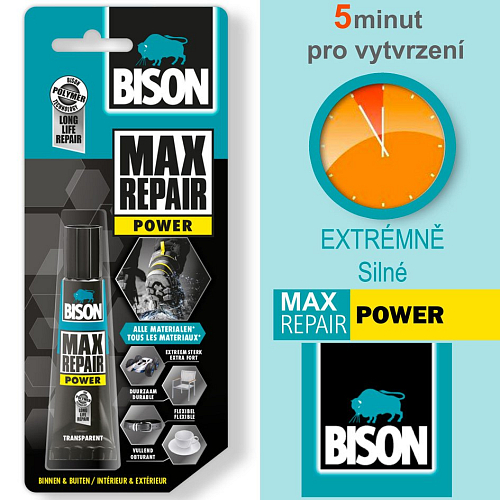Lepidlo BISON MAX Repair POWER Transparent. Vysoká pevnost, pro všechny povrchy. Balení 8g.