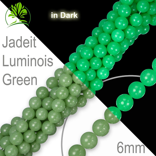 Korálky z minerálů Jadeit Luminois Green přírodní polodrahokam. Velikost pr.6mm. Balení 12Ks. Korálky ve tmě fosforeskují (svítí).