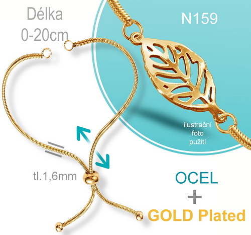 Náramek STAHOVACÍ OCEL ozn.N159.  Délka 0-20cm+rozměr přívěsku. Síla řetízku 1,6mm. Barva POZLACENO. Řada přívěsků ProfiLUX