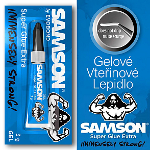 Vteřinové lepidlo SAMSON Super Glue EXtra GEL. Určené pro porézní a nerovné materiály,. Balení 3g.