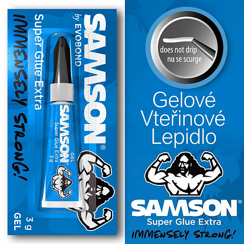 Vteřinové lepidlo SAMSON Super Glue EXtra GEL. Určené pro porézní a nerovné materiály,. Balení 3g.