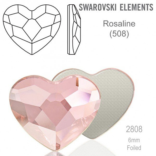 SWAROVSKI 2808 Heart Flat Back Foiled velikost 6mm. Barva Rosaline 