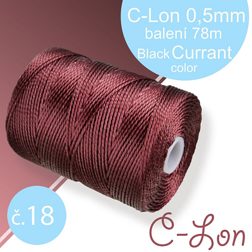 Nylonová nit C-Lon pevná korálková nit. Barva 18 Black Currant. Síla nitě 0,5mm. Balení 78m na cívce.