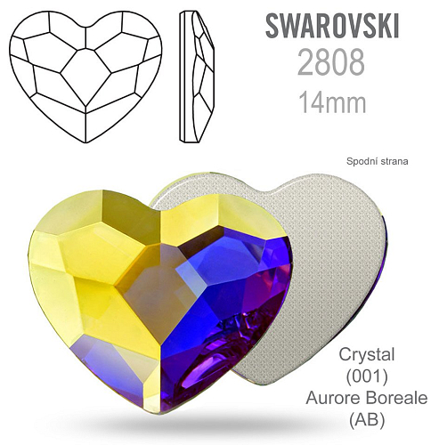 SWAROVSKI 2808 Heart Flat Back Foiled velikost 14mm. Barva Crystal (001) Aurore Boreale (AB).