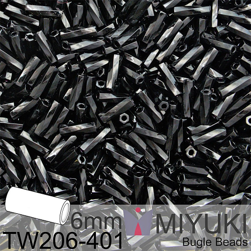 Korálky Miyuki Twisted Bugle 6mm. Barva TW206-401 Black. Balení 10g.