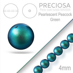 Preciosa Perle voskovaná kulatá MAXIMA barva Pearlescent Peacock Green velikost 4mm. Balení návlek 31Ks.