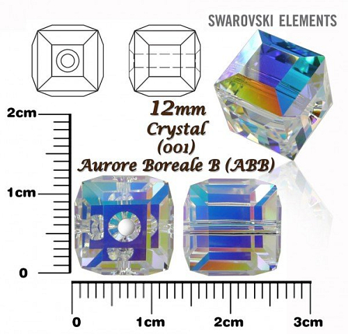 SWAROVSKI CUBE Beads 5601 barva CRYSTAL URORE BOREALE B velikost 12mm.