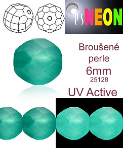 Korálky NEON (UV Active) BROUŠENÉ velikost pr.6mm barva 25128 SMARAGDOVÁ mírně průhledná. Balení 21Ks. 