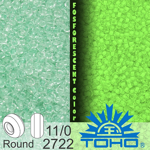 Korálky TOHO tvar ROUND (kulaté). Velikost 11/0. Barva č.2722-Glow In The Dark - Mint Green/Bright Green  . Balení 8g.