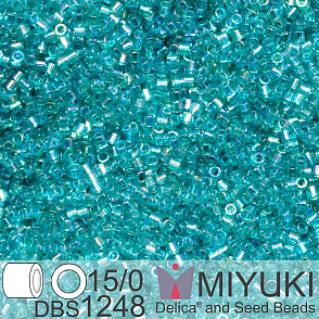 Korálky Miyuki Delica 15/0. Barva DBS 1248 Transparent Caribbean Teal AB. Balení 2g.