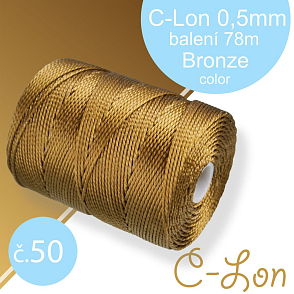 Nylonová nit C-Lon pevná korálková nit. Barva 50 Bronze. Síla nitě 0,5mm. Balení 78m na cívce.