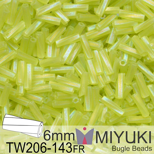 Korálky Miyuki Bugle Bead 6mm. Barva TW206-143FR Matte Transparent Chartreuse AB. Balení 5g.